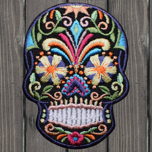 embroidered iron on sew on patch sugar skull black yellow