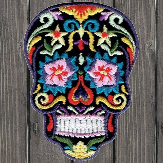 embroidered iron on sew on patch sugar skull black