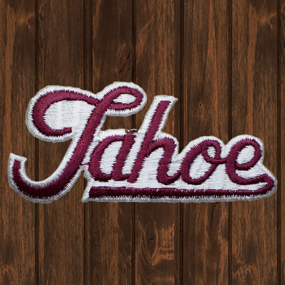 embroidered iron on sew on patch tahoe script purple