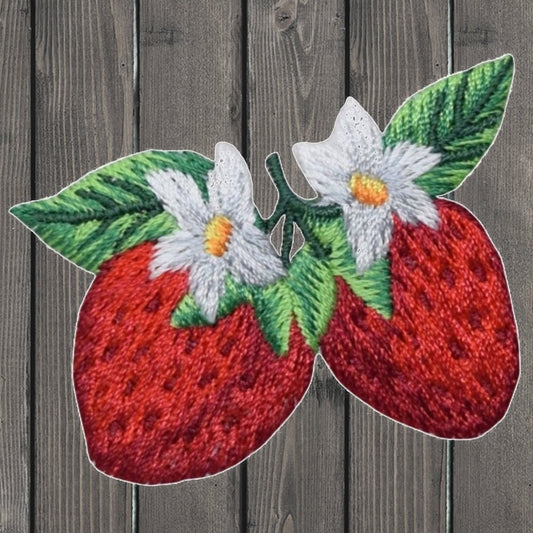 embroidered iron on sew on patch two strawberries with white flower blossum