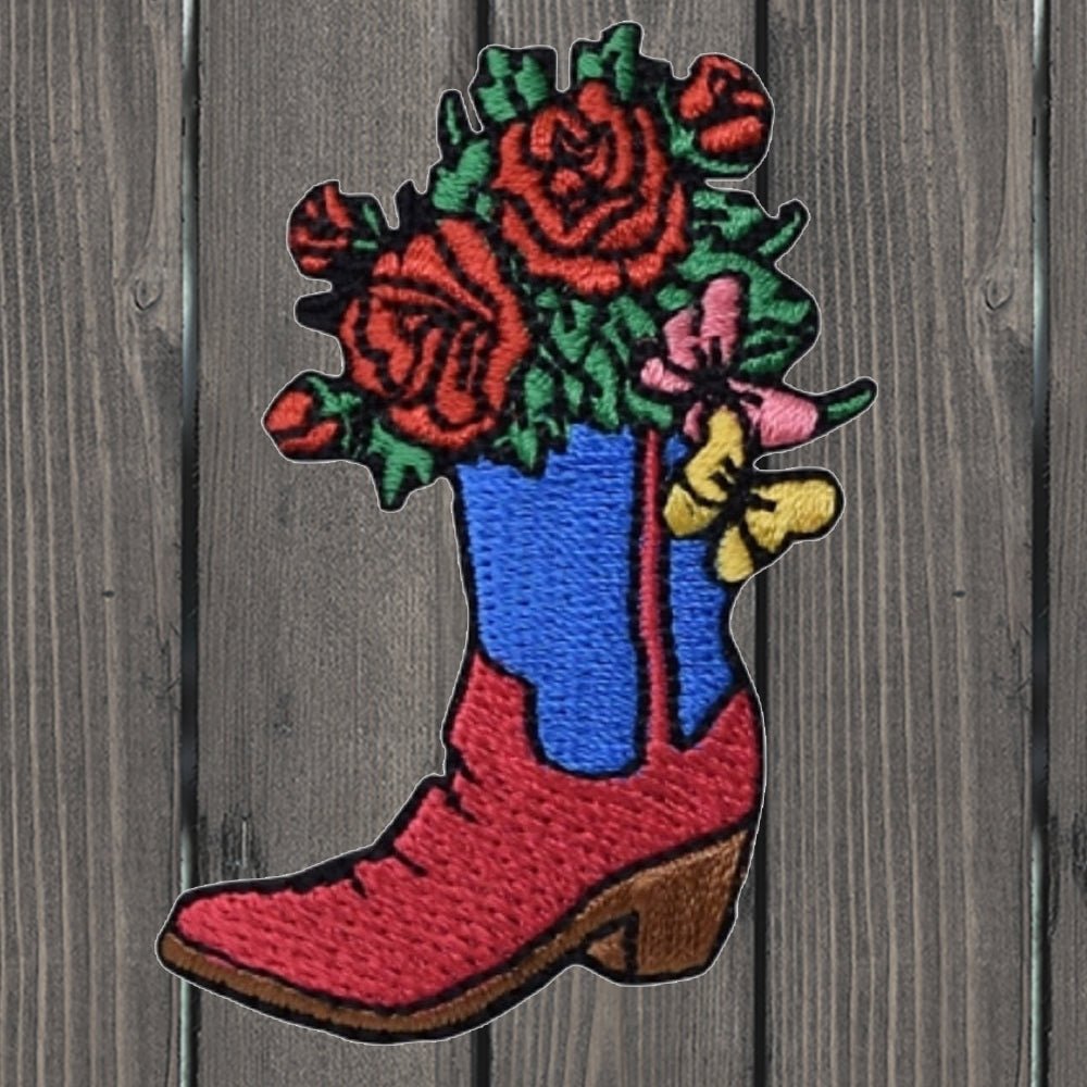 embroidered iron on sew on patch western boot with flower