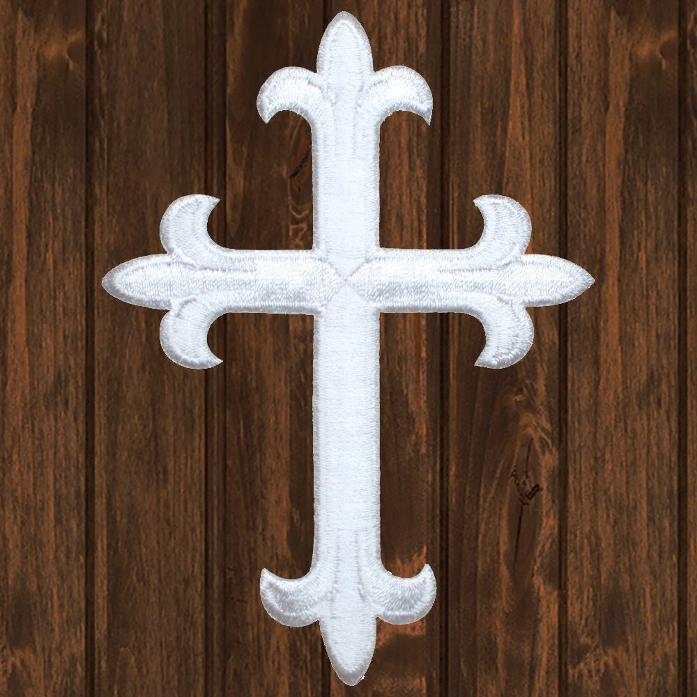 embroidered iron on sew on patch white cross 4 inch