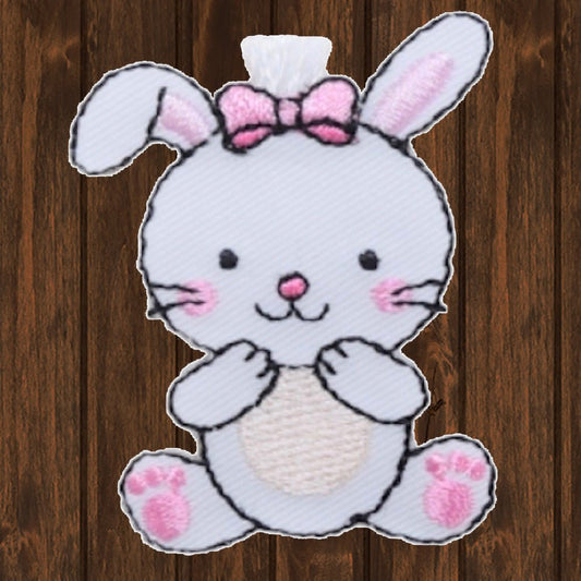 embroidered iron on sew on patch white pink bunny rabbit