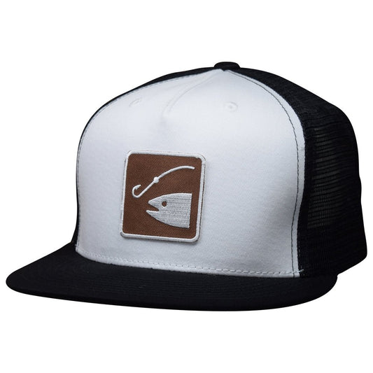 Fishing Trucker Hat - Black & White, Fish Fisherman Snapback Cap Recreation Sign