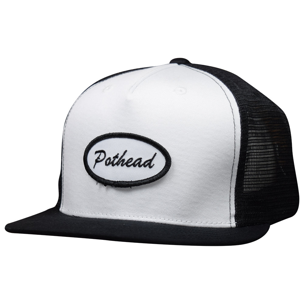 Pothead Trucker Hat - BONUS Patch Black & White Snapback Cap Marijuana Cannabis